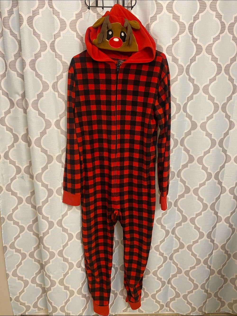 Red and Black Buffalo Plaid Adult M One-Piece with Reindeer Hood